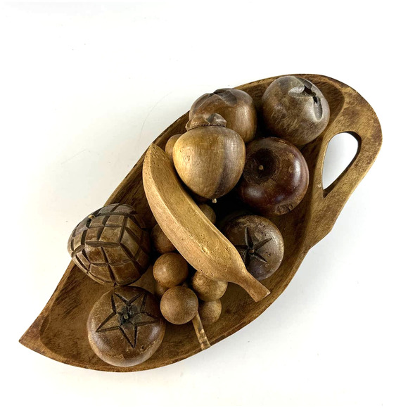 Vtg MCM Wooden Bowl With Fruit 9 Pieces Of Hand Carved Fruit & Wooden Leaf Bowl - Picture 2 of 13